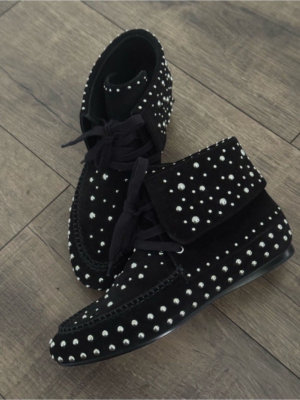 Schutz Evie Black Suede Studded Lace Up Ankle Boots 6.5 Very Good Used Condition